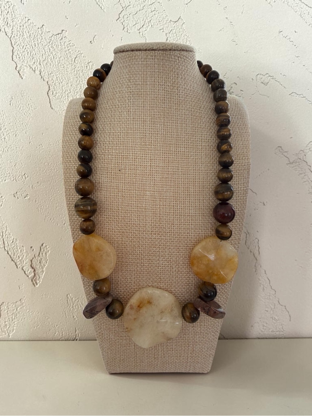 Handcrafted Brown and Cream Stone Bead Necklace
